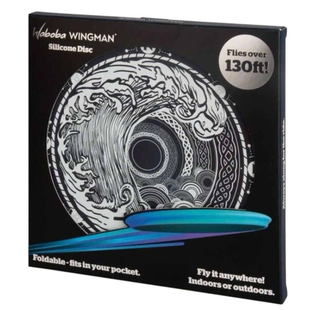 Waboba Wingman Silicone Disc Foldable Flies Over 130ft Black-White Surf Scene